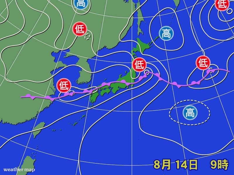 2021年8月14日の天気図　前線が停滞し西・東日本中心に広範囲で大雨に