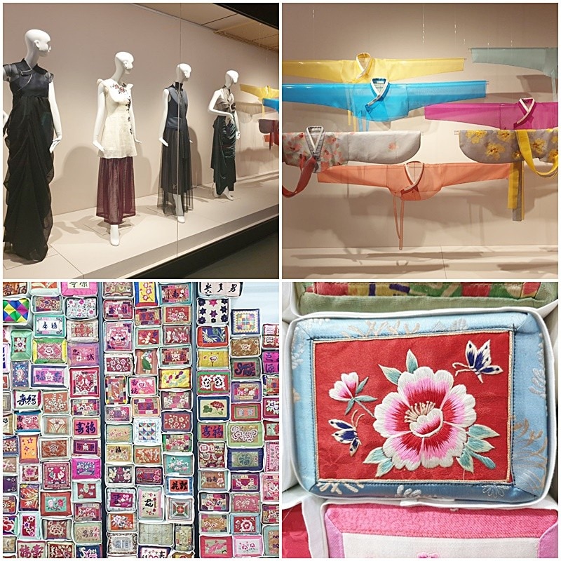 （上段）国立大邱博物館イ・ヨンヒデザイナー展示スペース（下段）博物館繍で展示されている刺繍がほどこされた枕