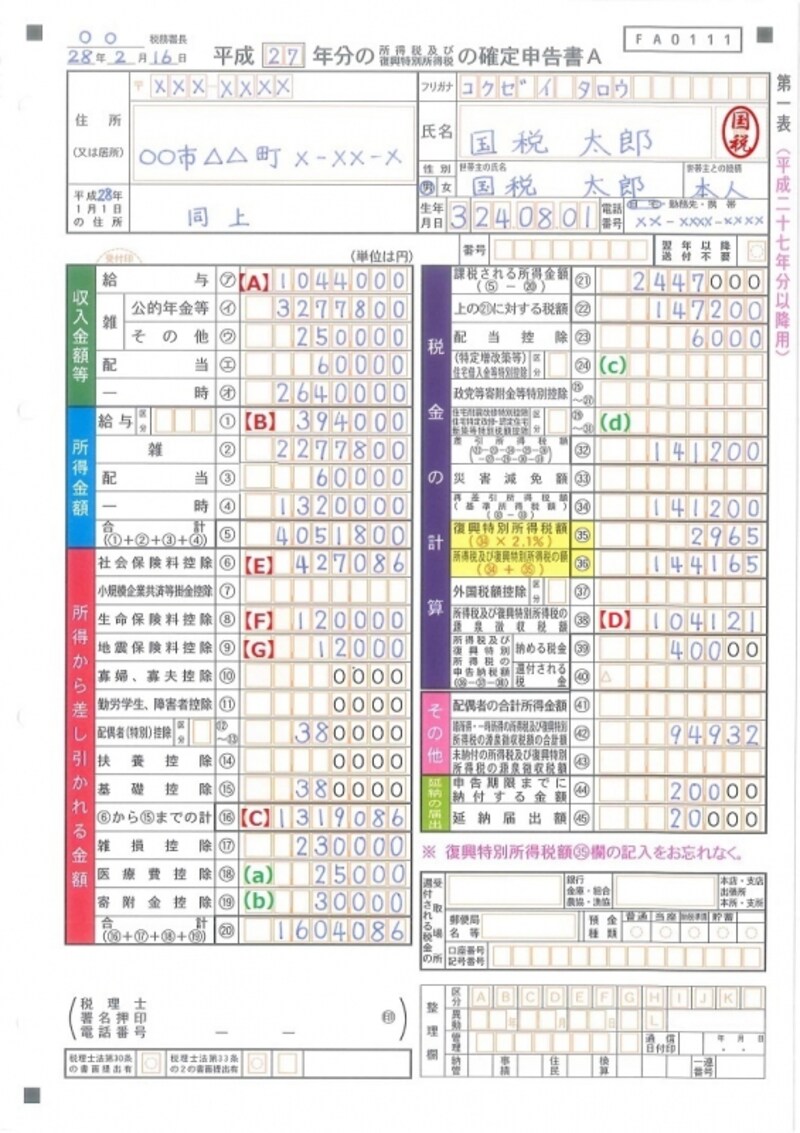 確定申告書A様式 第一表の記入例。申告する所得が給与所得、公的年金等・その他の雑所得、配当所得、一時所得だけの人が使用できる