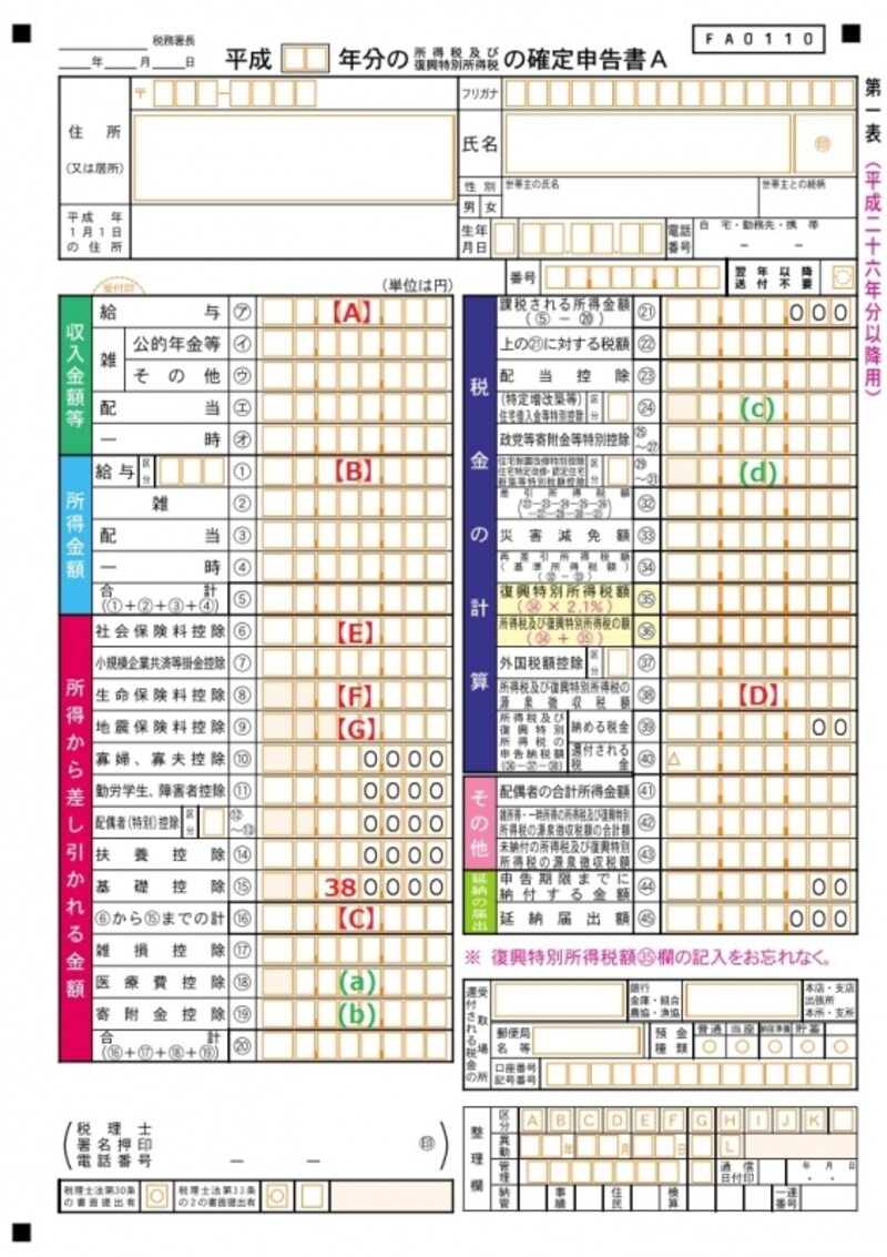 ＜確定申告書A　第一表＞「確定申告書A」は、申告する所得が給与所得、公的年金等・その他の雑所得、配当所得、一時所得だけの人が使用できる