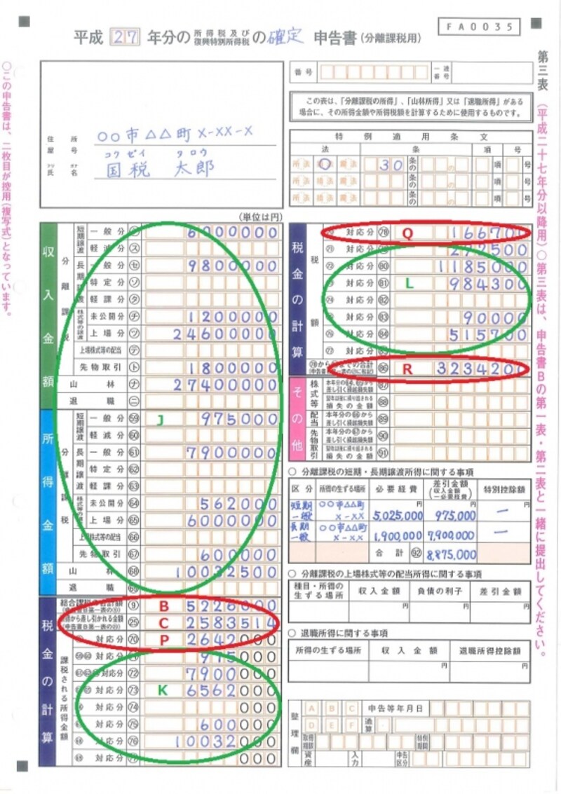 ＜申告書第三表（分離課税用）＞株の譲渡所得などの分離課税を含めた税額を計算する時に利用する