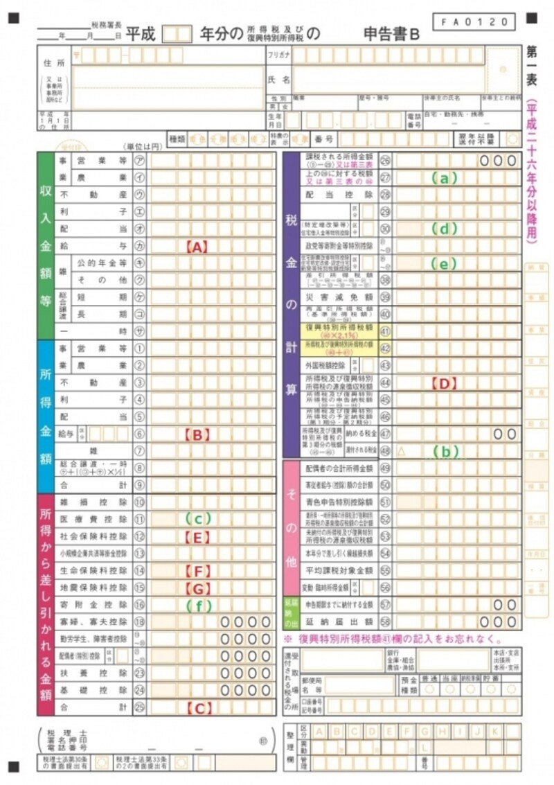 ＜確定申告書B　第一表＞どのような所得でも申告できる「確定申告書B」。給与所得、公的年金等・その他の雑所得、配当所得、一時所得だけの人は「確定申告書A」を使用する