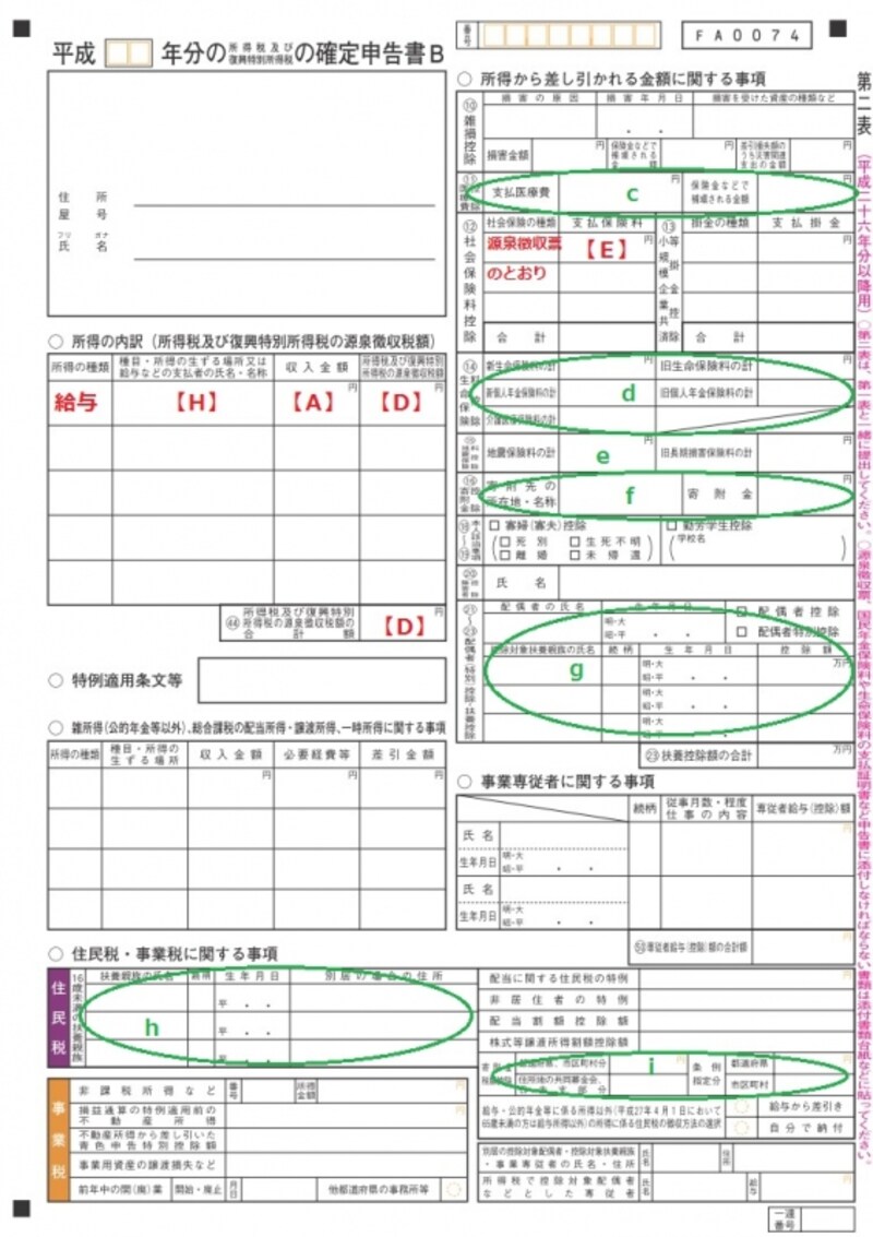 ＜確定申告書B　第二表＞住民税の計算に必要となる情報を記入する