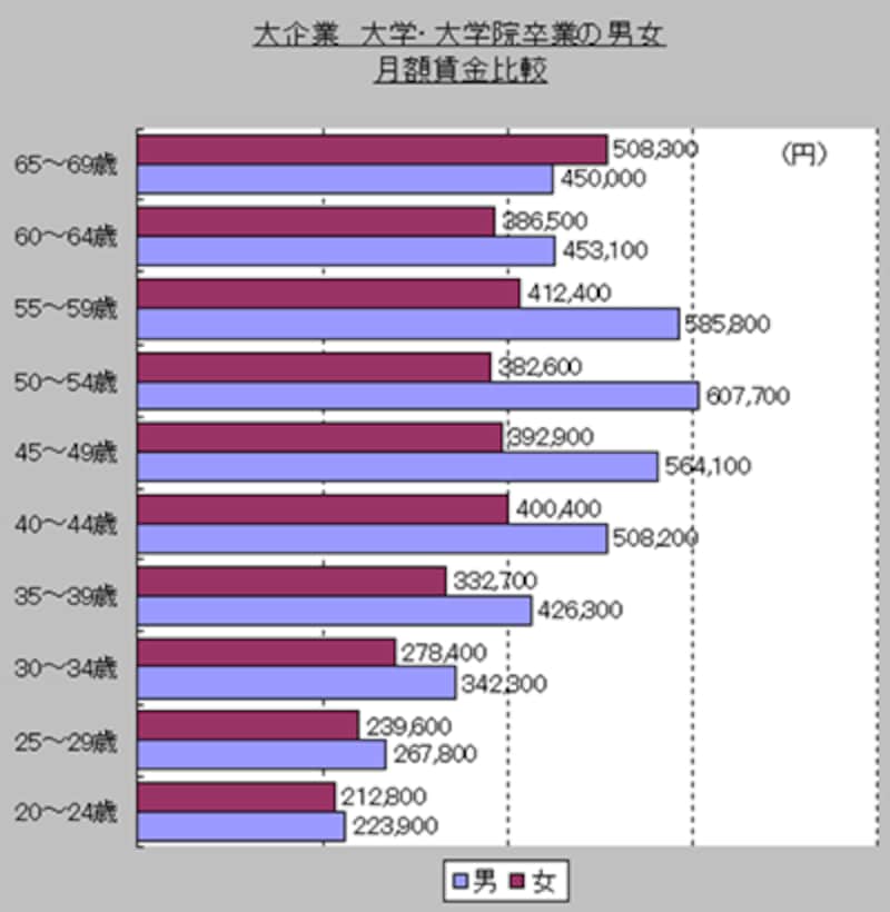 大企業 大学・大学院卒の男女 月額賃金比較