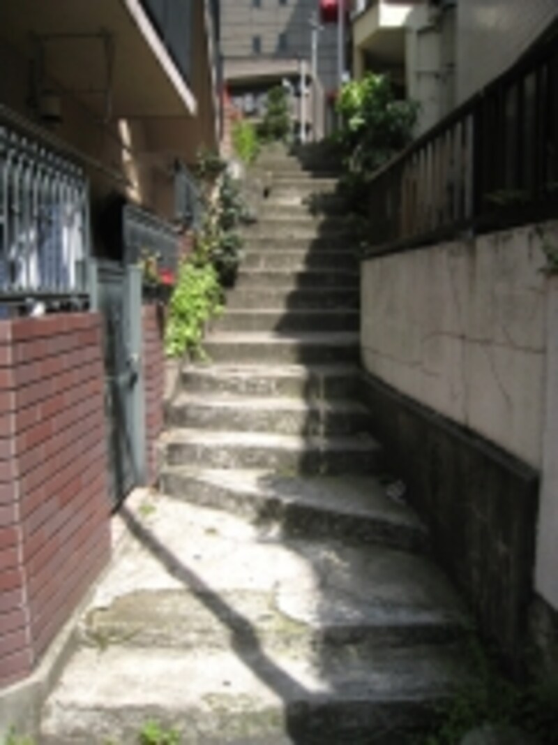 坂を下ったエリアの住宅は規模が小さいものが多く、築年数の建った建物も目立った