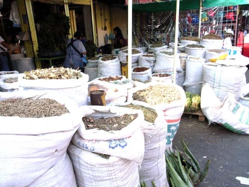 呪術グッズを扱うメキシコシティのソノラ市場では、大量の薬草が売られている