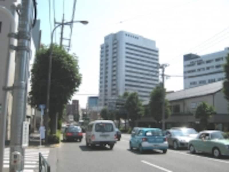 中原街道沿い、ひときわ目立つのが昭和大学病院。正面に見えている建物の背後に大学のキャンパスなどが広がっている