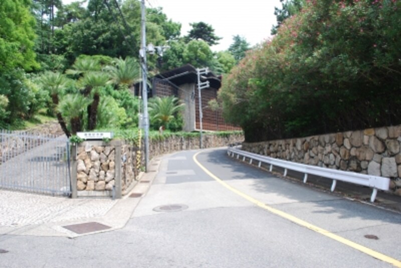 北エリアへ抜ける道路。左に見えるのは生け花小原流の事務所。