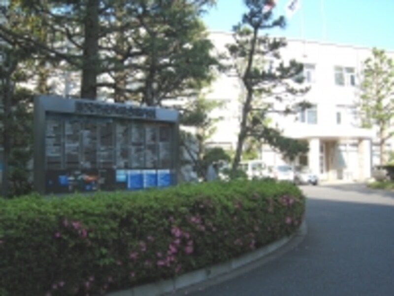 藤沢市役所。東海道線の線路に沿うようにして２棟の建物が並んでいる