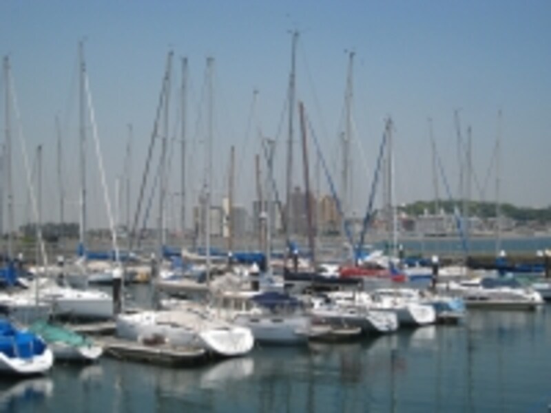 江の島のヨットハーバーから陸側を見たところ。サーフィン、釣り、ヨットと海の近くには楽しみが多い