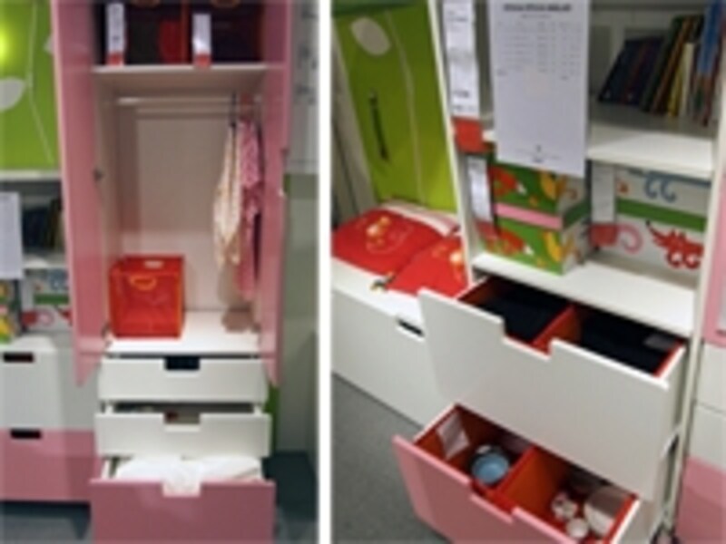 ベンチ、引き出し、ハンガーパイプ付き収納など、それぞれが単品扱いなので組み合わせ自在。色も選べる<a href="http://www.ikea.com/jp/ja/catalog/categories/departments/childrens_ikea/18835/">IKEAのストゥヴァ</a>