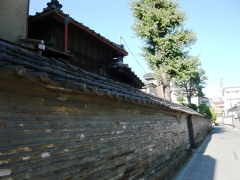 谷中の絵になるスポット『観音寺』の土塀。周りはお寺と住宅、静かな細道にあります