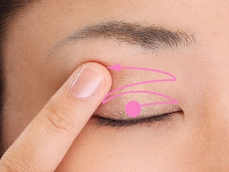 上まぶたの中央に色をのせ、上に向かって指先をワイパーのように動かして