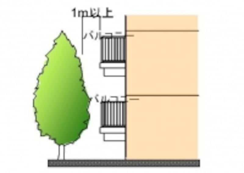 バルコニーと植栽が近いとドロボウの足がかりになり、低層階は特に危険。1メートル以上離れているか確認を。