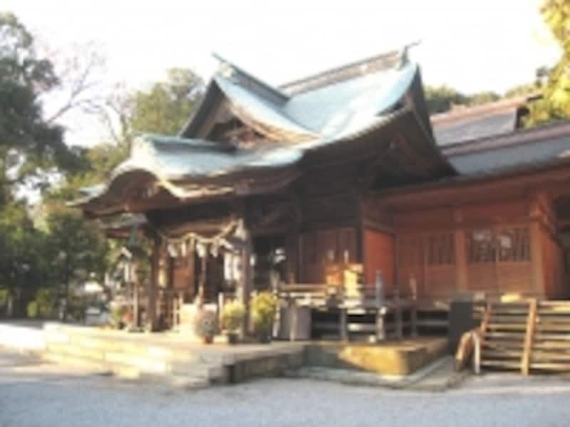 師岡熊野神社。神殿に吊るされた提灯にも三本足の烏の印がある。大倉山駅から歩いて7～8分、小高い丘の上にある