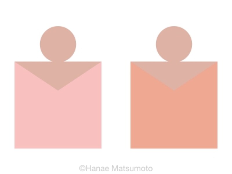 日本人の標準的な肌色（ピンク系）とトップスの配色例：左から、パステルピンク、サーモンピンク
