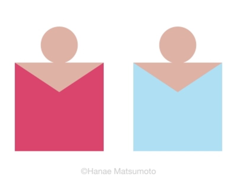 日本人の標準的な肌色（ピンク系）とトップスの配色例：左から、ディープローズ、スカイブルー
