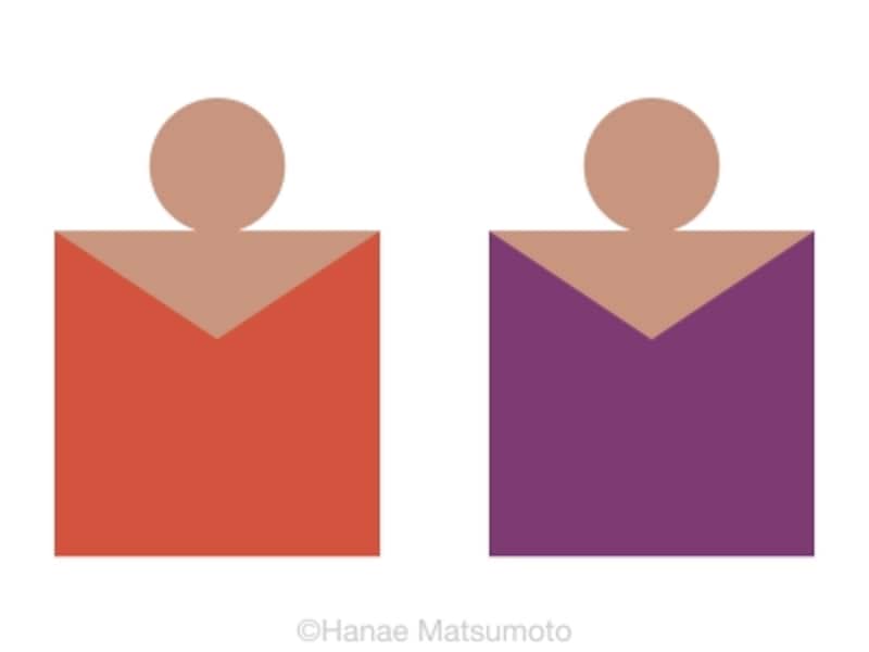 日本人の標準的な肌色（オークル系）とトップスの配色例：左から、ダークトマトレッド、プラム