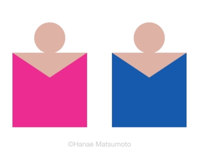 日本人の標準的な肌色（ピンク系）とトップスの配色例：左から、マゼンタ、ロイヤルブルー