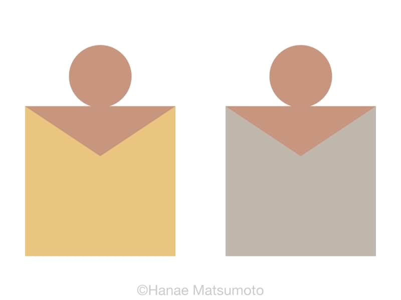 日本人の標準的な肌色（オークル系）とトップスの配色例：左から、ライトキャメル、ウォームグレイ