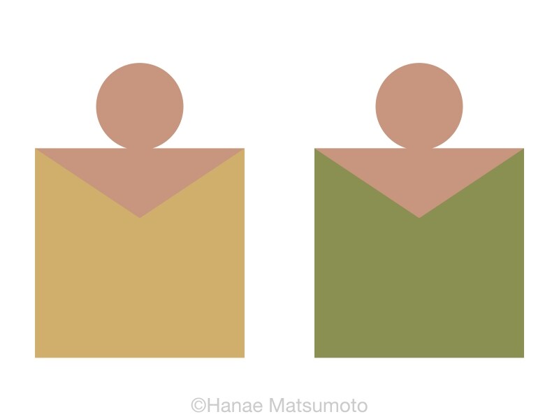 日本人の標準的な肌色（オークル系）とトップスの配色例：左から、カーキ、モスグリーン