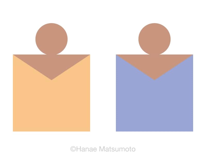 日本人の標準的な肌色（オークル系）とトップスの配色例：左から、アプリコット、ペリウィンクルブルー