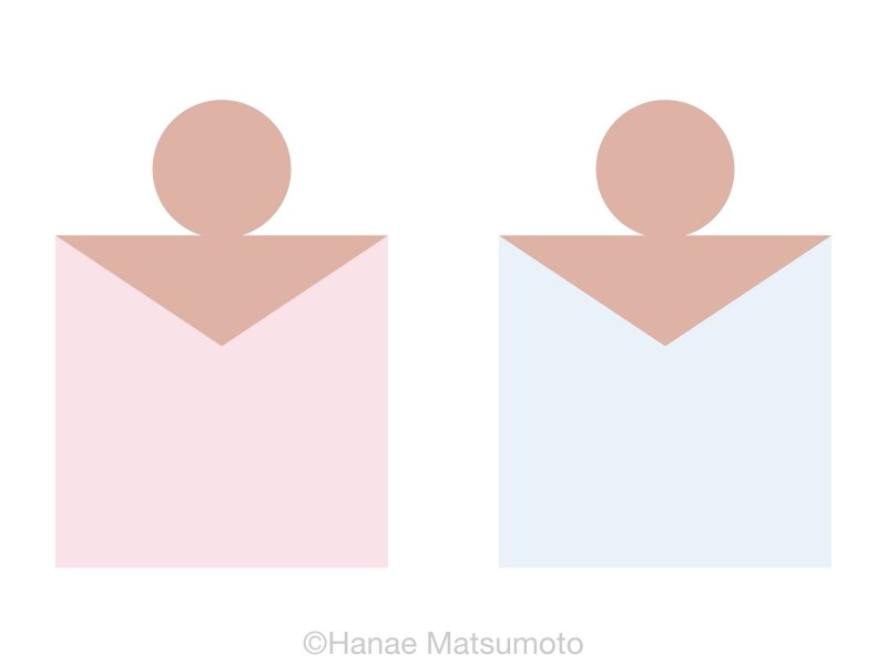 日本人の標準的な肌色（ピンク系）とトップスの配色例：左から、アイシーピンク、アイシーブルー