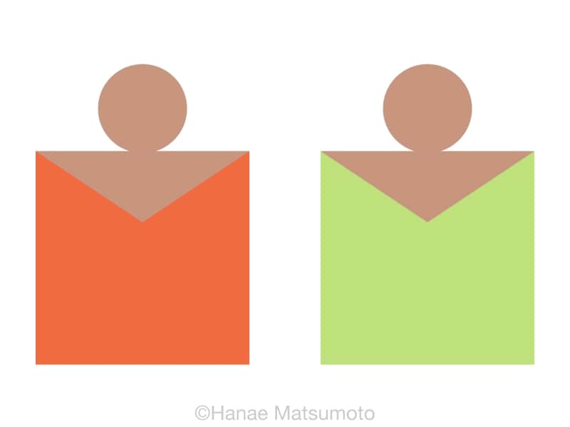 日本人の標準的な肌色（オークル系）とトップスの配色例：左から、スカーレット、アップルグリーン