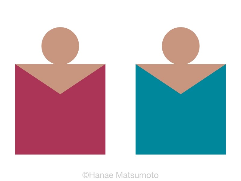 日本人の標準的な肌色(オークル系)とトップスの配色例:左から、ラスト、ティールブルー