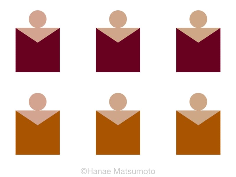 上段はマホガニー、下段はブラウン 肌色は、左側はピンク系、中央はナチュラル系、右側はオークル系