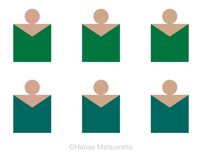 上段はビリジャン、下段はプルシアングリーン 肌色は、左側はピンク系、中央はナチュラル系、右側はオークル系