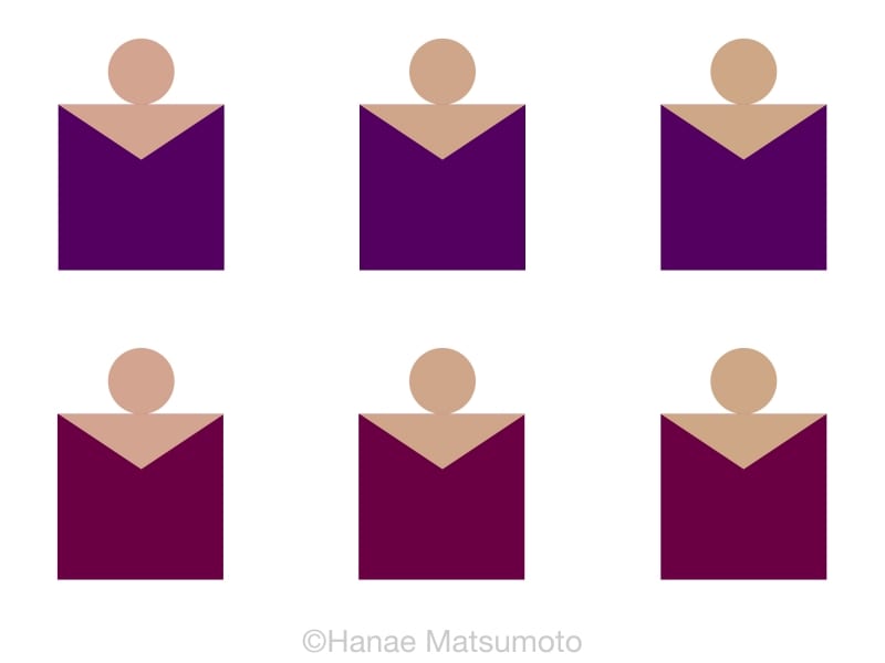 上段はプルーン、下段はレッドグレープ 肌色は、左側はピンク系、中央はナチュラル系、右側はオークル系