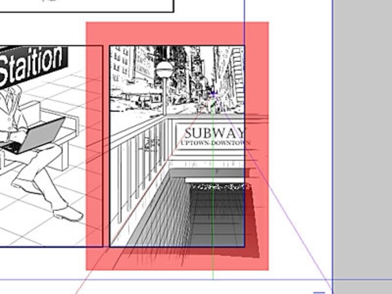 「1点透視」のパース定規でも、縦、横、斜めで直線が引けるので、背景を描くのにとても便利。