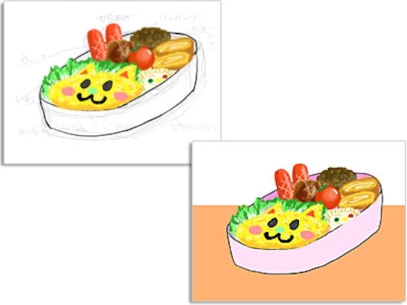 レイヤーを追加して奥から手前へとお弁当の具を描いていきます。