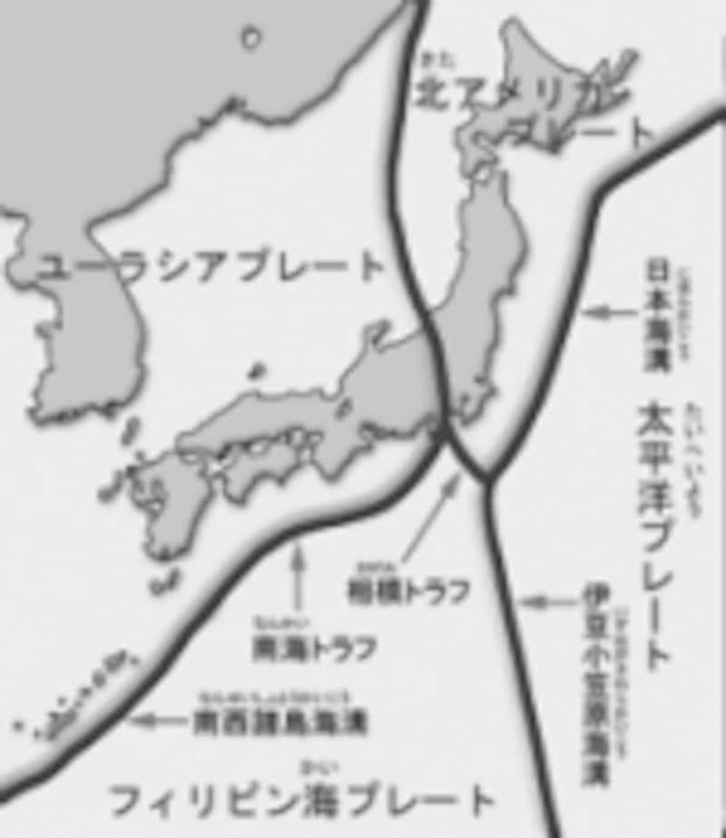 日本周辺にはこのようにプレート境界が入り組んで存在しています