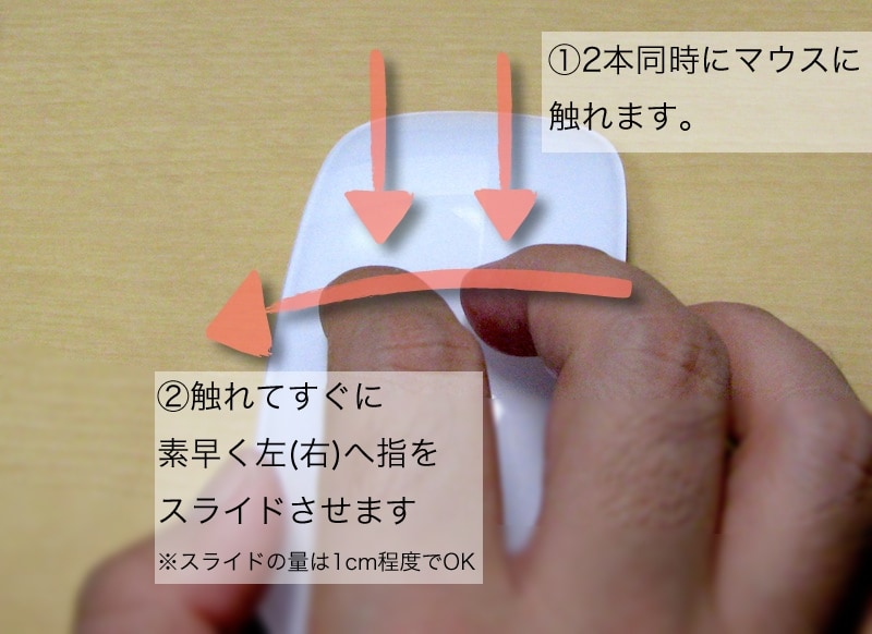 2つの指先を同時にマウス表面に当てるようにして左右にこすります。Magic Mouseのセンサーはリンゴマーク上付近まで検出するようです（クリックで拡大）