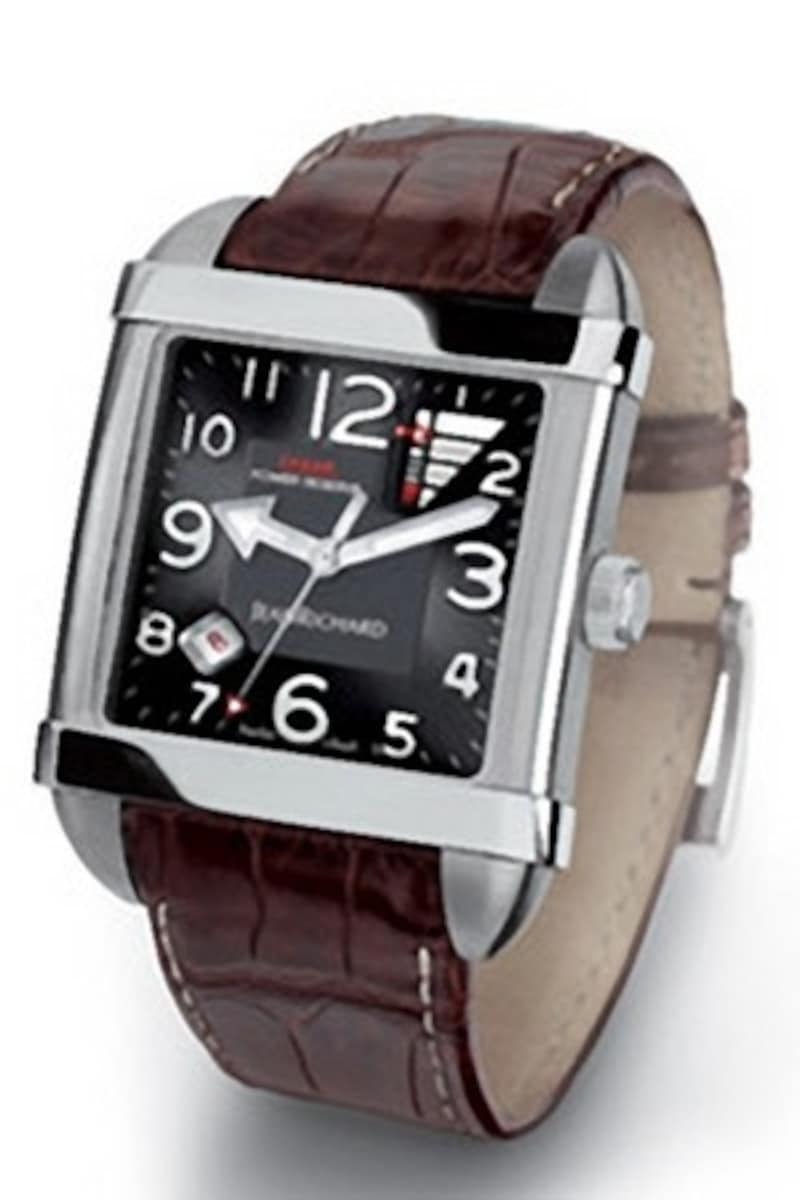 ジャンリシャール「パラマウント スクエア」。垂直方向に表示するインジケーターがユニーク。赤い針がゼンマイ残量を示す。ステンレススティール・ケース。自動巻き。