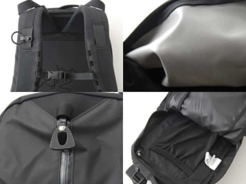 左上:シンプルでスッキリした形状のショルダーパッド。左下:アークテリクスと言えば、やはり止水ジッパー。右上:素材にはデュポン社のハイパロンを用いる。右下:メインコンパートメントはすっきりした感じ。