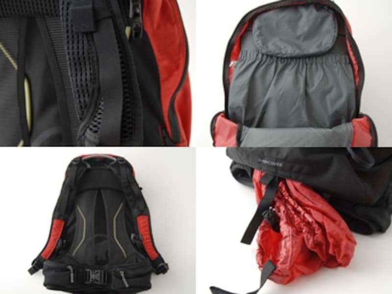 左上:異なる素材を用い、肩への負担を軽減したショルダーパッド部分。左下:背面部分には独自のベンチレーションを採用。右下:パックの底部にはレインカバーが収納されている。