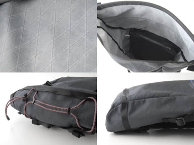 左上:これまでにない引き裂き強度を実現。左下:リッドにはさまざまなアクセサリーがつけられるホールやコードが備え付けられる。右上:開けてみるとまさに“袋”。右下:底部の角にはゴートスキンが。