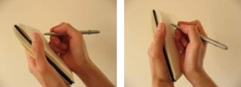 ノートを斜めにしても、ペンは左のとおり水平になるが、ノートが垂直になれば、おのずとペン先は上を向く