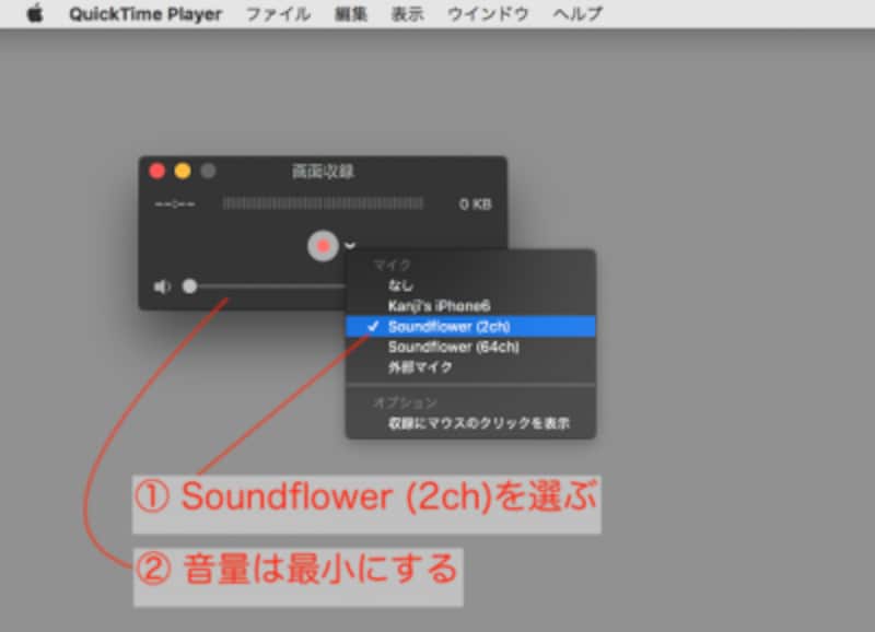 音源を「Soundflower (2ch)」にすれば、Macの音が記録されます（クリックで拡大）