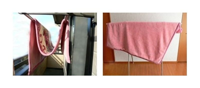 左:M字に干す方法。「M」になりにくかったら、端っこや真ん中の凹みに重りをぶら下げても。右:斜めにずらして干す方法。こちらも固定しにくければ洗濯バサミや重りをつけても○