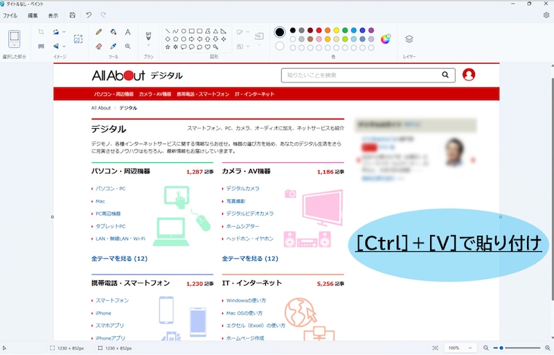 ペイントのキャンバスに、[Ctrl]＋[V]キーでスクリーンショットを貼り付ける