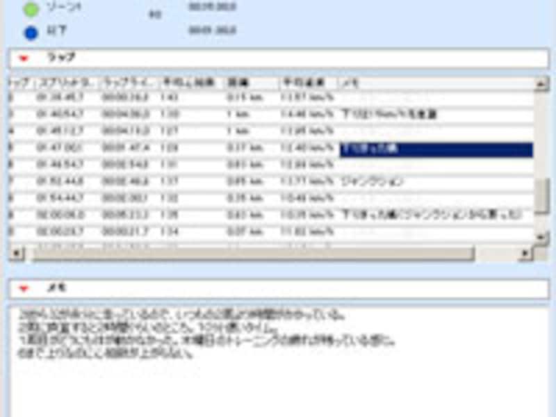1回のログの詳報画面の部分拡大。ラップごとの距離、タイム、平均心拍数、距離、平均速度が示される。自動計測を使えば、自動で計測したラップの記録も表示される。紺色の帯の部分にはラップごとにメモを書き込める。ラップ記録の下段のメモ欄には、このトレーニングについて書き込むメモ欄がある