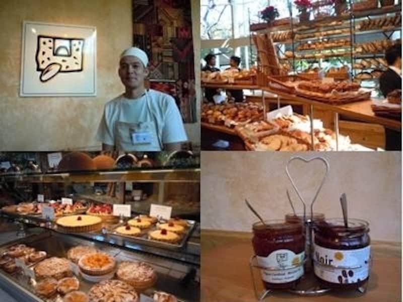 左上から時計回りに、ベーカリーシェフの森和也さん、パン売り場、Le Pain Quotidienならではのセルフサービスのジャムとスプレッド、ペストリーコーナー