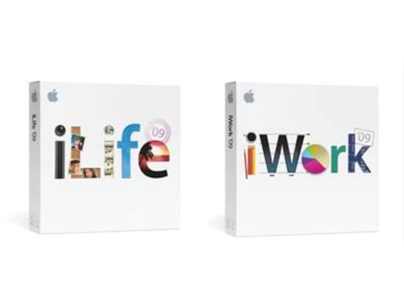 左側がMacを買えば標準でインストールされている「iLife’09」右側はワープロ、表計算、プレゼンテーションのソフトが１つになった「iWork’09」