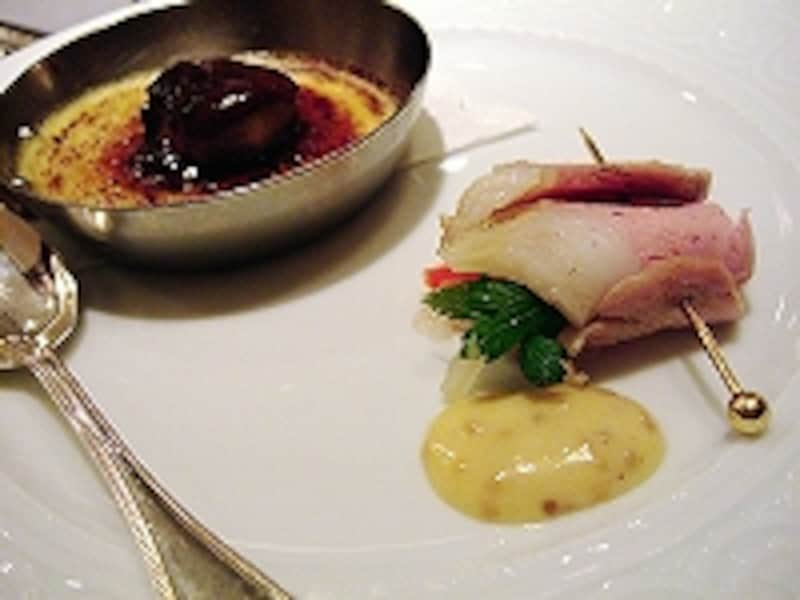 フォアグラのクリームブリュレとイベリコ豚の冷製ブーケ。最初から高級素材のオンパレード！
