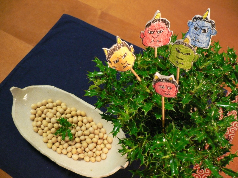 おしゃれな節分飾り２～ヒメヒイラギに鬼のピックをプラス