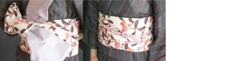 1:(たて矢風の4まで参照↑)手先を上から1回巻き、その根元を広げて帯締めを通し、後ろ手で仮結びしたら、リボンと帯の間にたたんだプチタオルを入れて安定させる 2:時計まわりに後ろに回し、仮結びしていた帯締めをきれいに結び、帯板を入れて出来上がり(⇒コツ!)。帯締めは、変わり結びにして遊び心を添えても素敵です